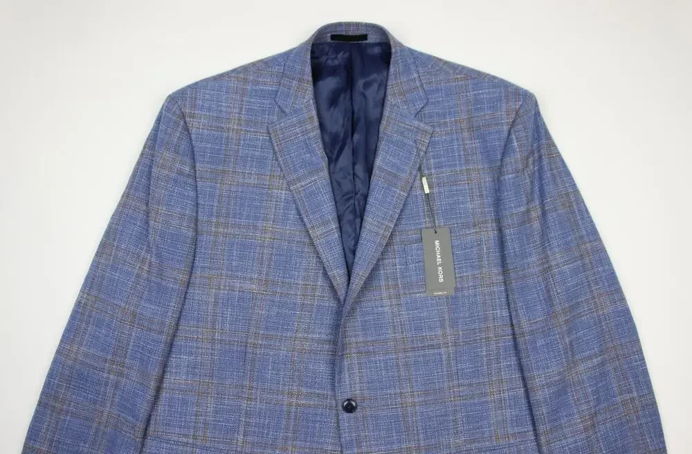 Michael Kors Sport Coat Mens 48 R Blue Rust Plaid Classic Fit Stretch Blazer